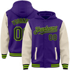 Custom Purple Black Cream-Neon Green Bomber Full-Snap Varsity Letterman Two Tone Hoodie Jacket photo 1