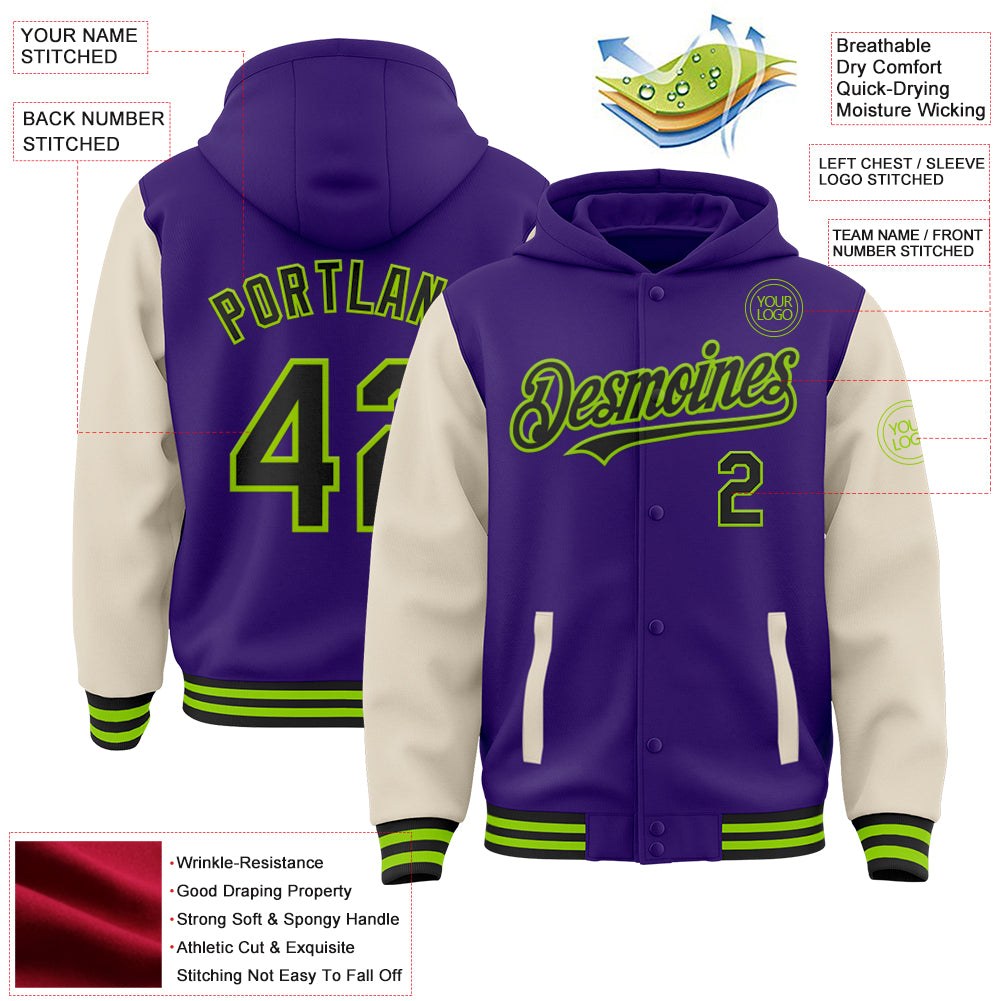 Custom Purple Black Cream-Neon Green Bomber Full-Snap Varsity Letterman Two Tone Hoodie Jacket photo 3