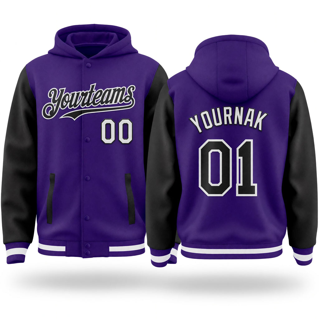 Custom Purple Black-White Bomber Full-Snap Varsity Letterman Two Tone Hoodie Jacket