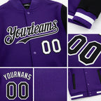 Custom Purple Black-White Bomber Full-Snap Varsity Letterman Two Tone Hoodie Jacket detail