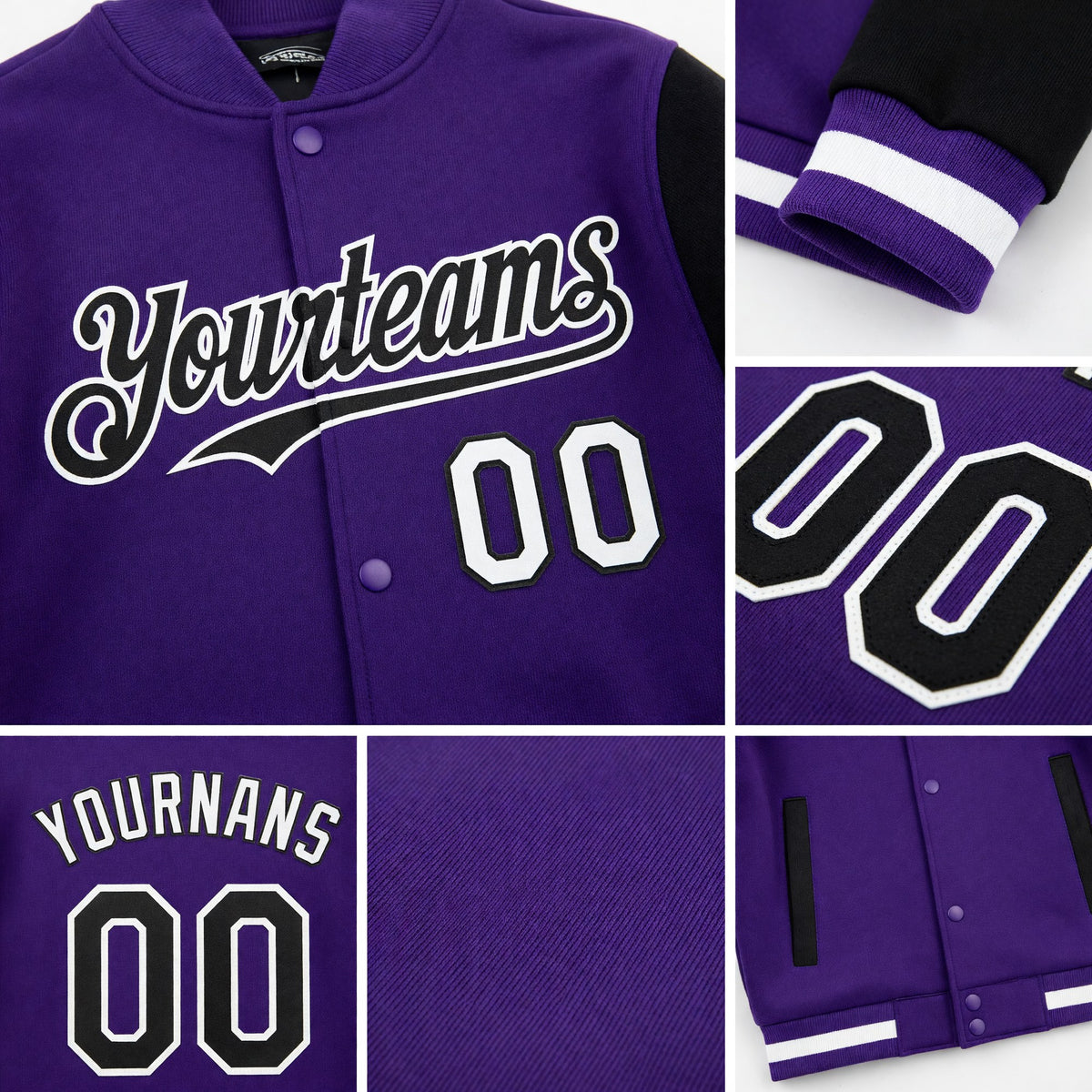 Custom Purple Black-White Bomber Full-Snap Varsity Letterman Two Tone Hoodie Jacket detail