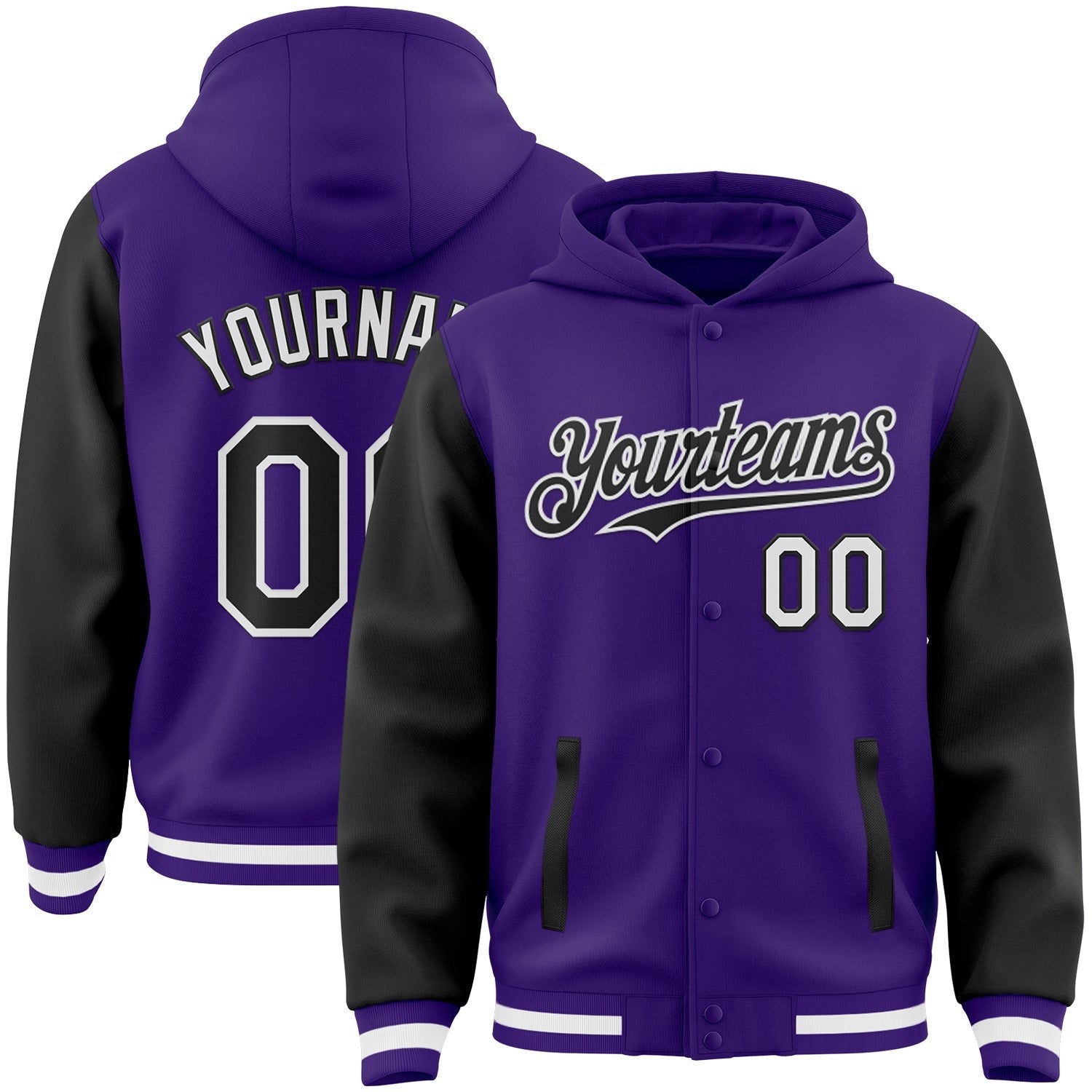 Custom Purple Black-White Bomber Full-Snap Varsity Letterman Two Tone Hoodie Jacket photo 1
