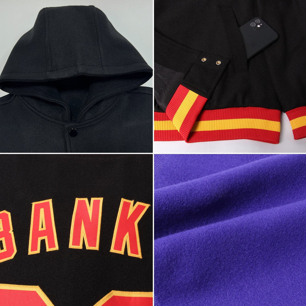 Custom Purple Black-White Bomber Full-Snap Varsity Letterman Two Tone Hoodie Jacket photo 2