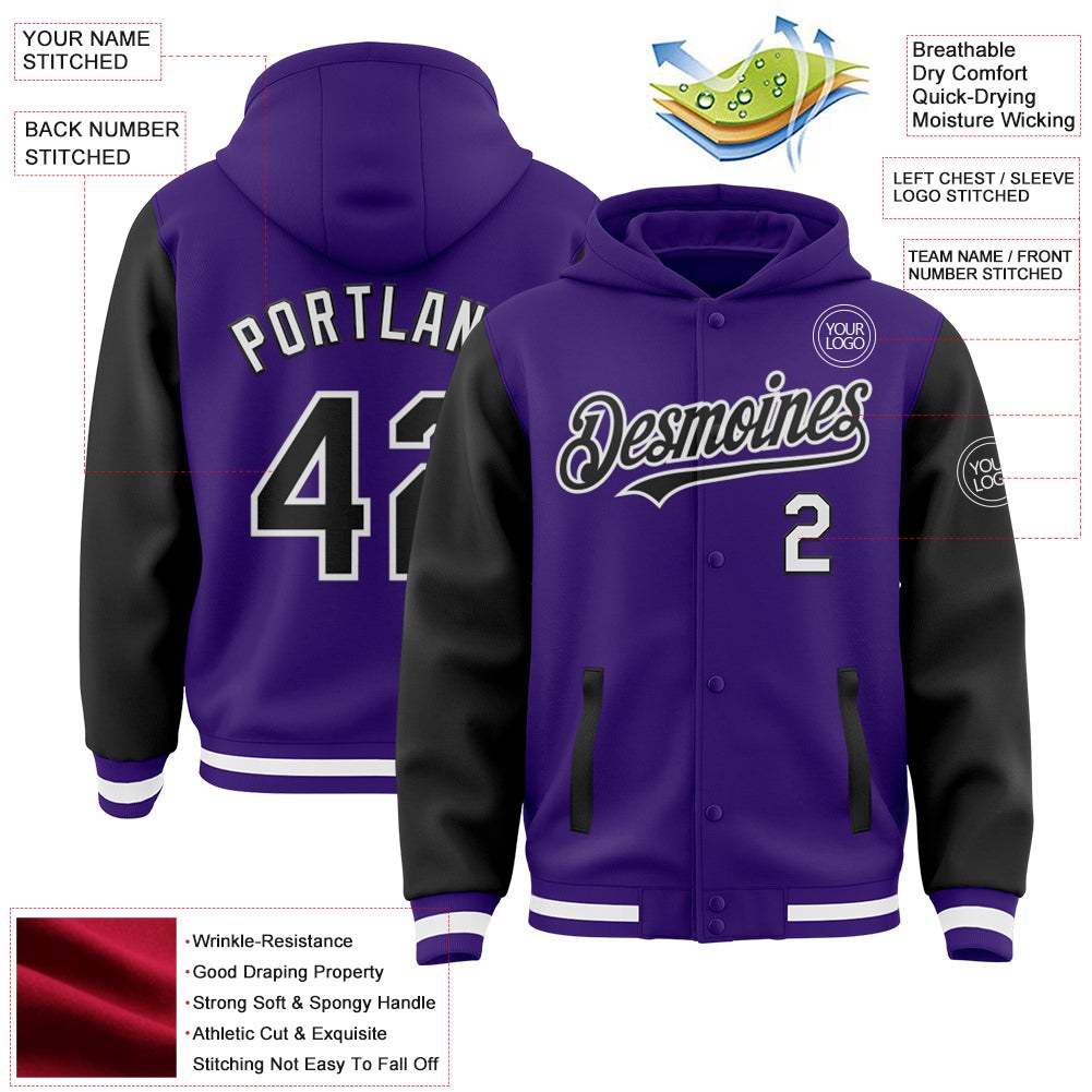 Custom Purple Black-White Bomber Full-Snap Varsity Letterman Two Tone Hoodie Jacket photo 3