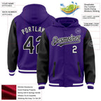 Custom Purple Black-White Bomber Full-Snap Varsity Letterman Two Tone Hoodie Jacket photo 3