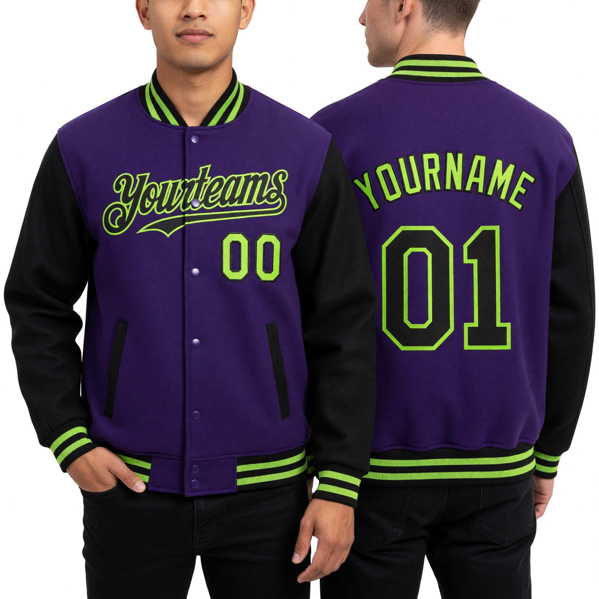 Custom Purple Black-Neon Green Bomber Full-Snap Varsity Letterman Two Tone Hoodie Jacket worn front and back
