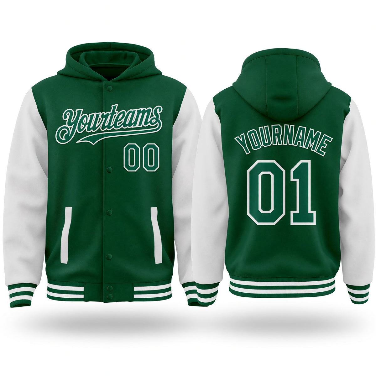 Custom Kelly Green White Bomber Full-Snap Varsity Letterman Two Tone Hoodie Jacket
