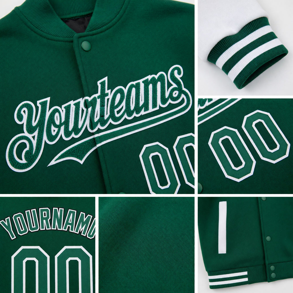 Custom Kelly Green White Bomber Full-Snap Varsity Letterman Two Tone Hoodie Jacket detail