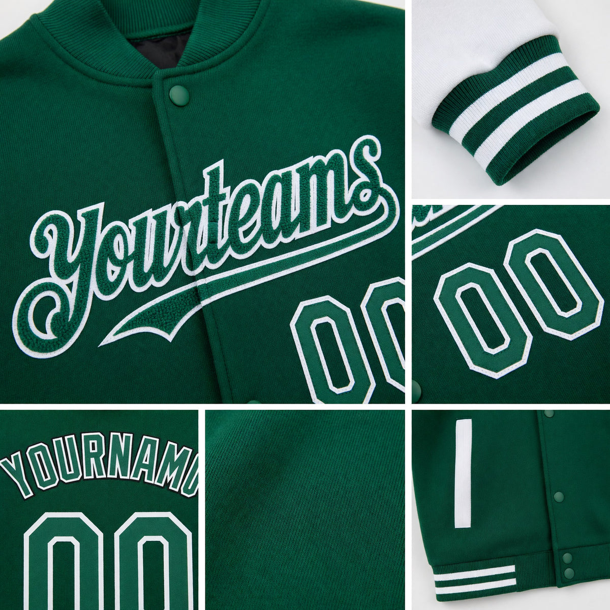 Custom Kelly Green White Bomber Full-Snap Varsity Letterman Two Tone Hoodie Jacket detail