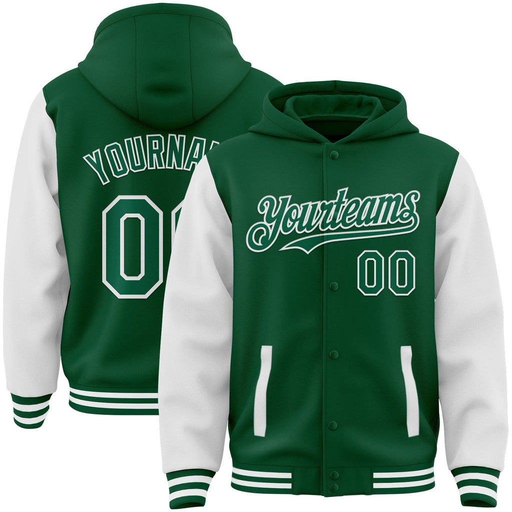 Custom Kelly Green White Bomber Full-Snap Varsity Letterman Two Tone Hoodie Jacket photo 1