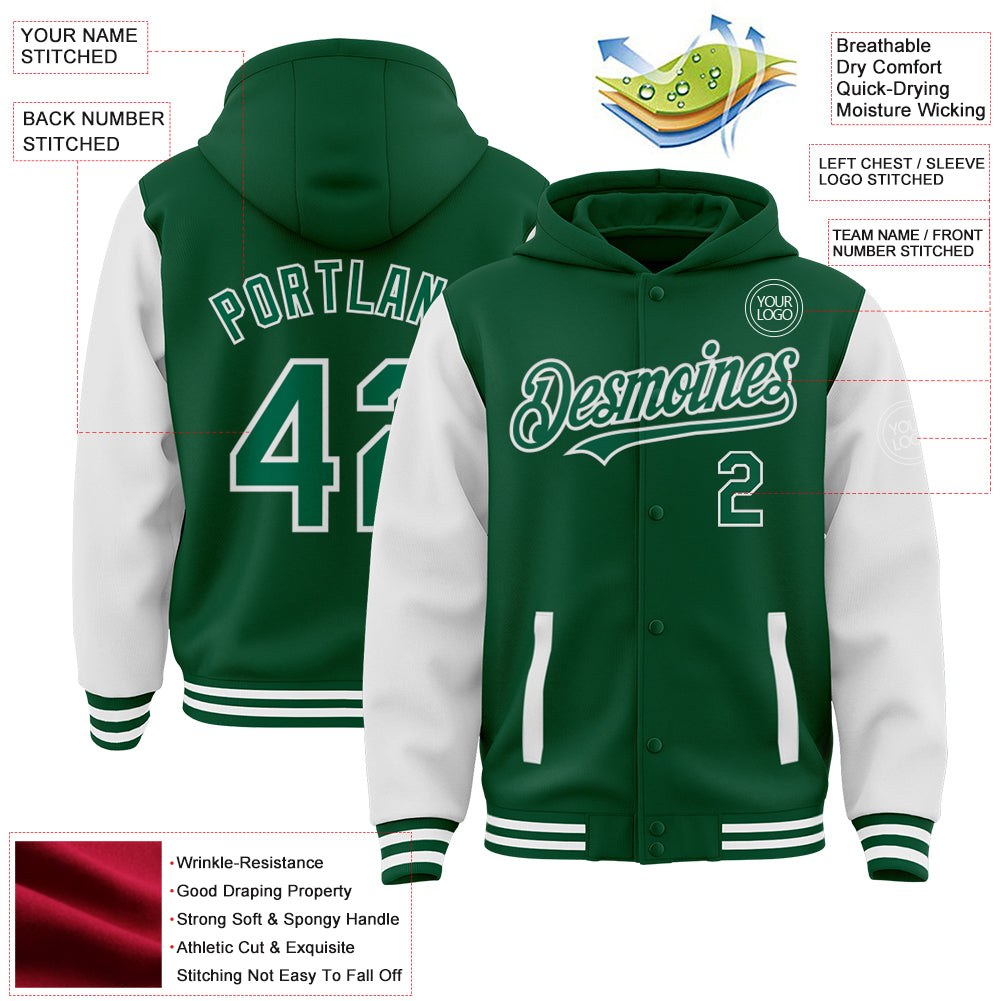 Custom Kelly Green White Bomber Full-Snap Varsity Letterman Two Tone Hoodie Jacket photo 3