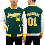 Custom Kelly Green Gold-White Bomber Full-Snap Varsity Letterman Two Tone Hoodie Jacket worn front and back