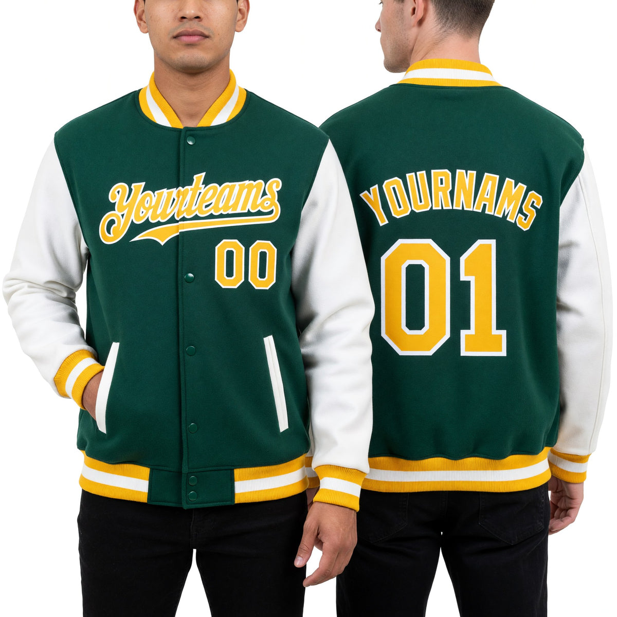 Custom Kelly Green Gold-White Bomber Full-Snap Varsity Letterman Two Tone Hoodie Jacket worn front and back