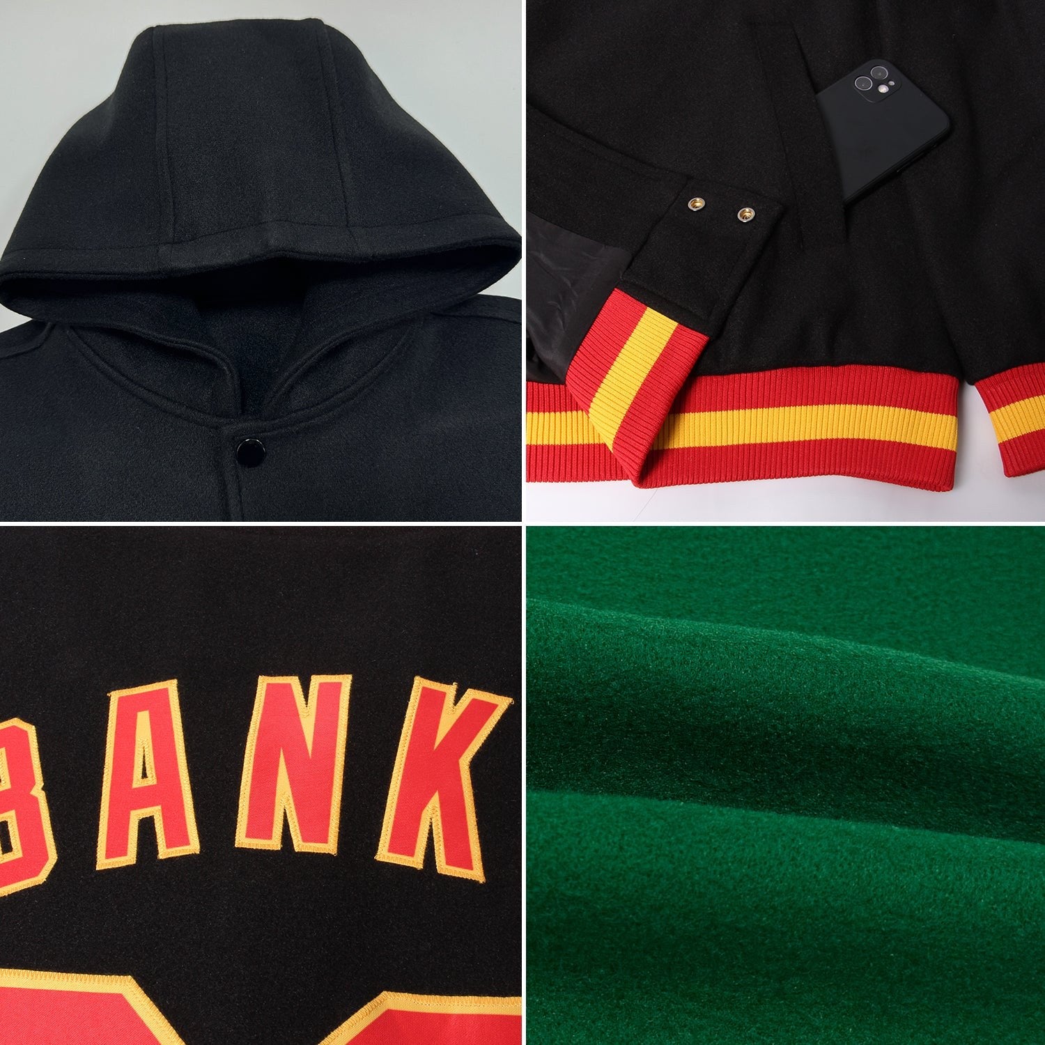 Custom Kelly Green Gold-White Bomber Full-Snap Varsity Letterman Two Tone Hoodie Jacket photo 2