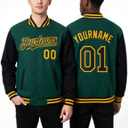 Custom Kelly Green Black-Gold Bomber Full-Snap Varsity Letterman Two Tone Hoodie Jacket worn front and back