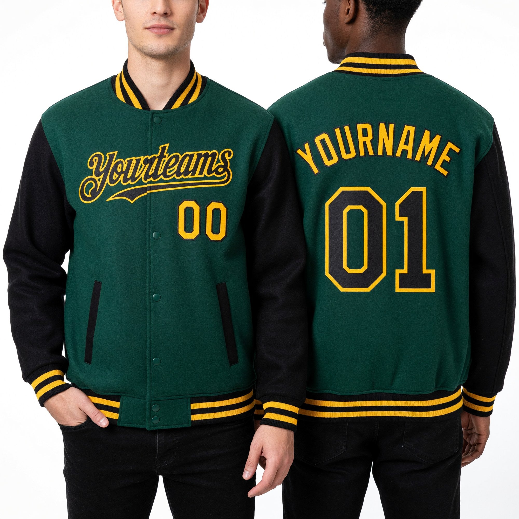 Custom Kelly Green Black-Gold Bomber Full-Snap Varsity Letterman Two Tone Hoodie Jacket worn front and back