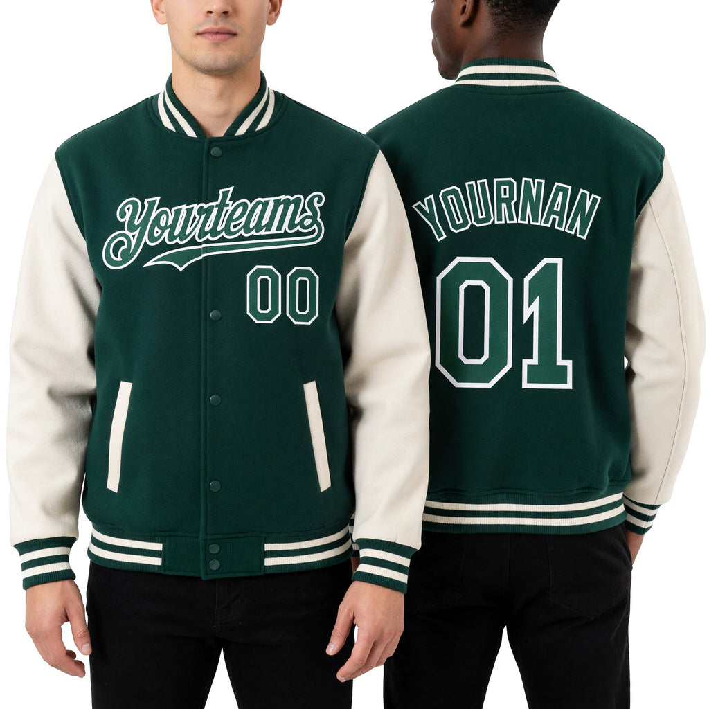 Custom Green Cream Bomber Full-Snap Varsity Letterman Two Tone Hoodie Jacket worn front and back