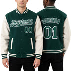 Custom Green Cream Bomber Full-Snap Varsity Letterman Two Tone Hoodie Jacket worn front and back
