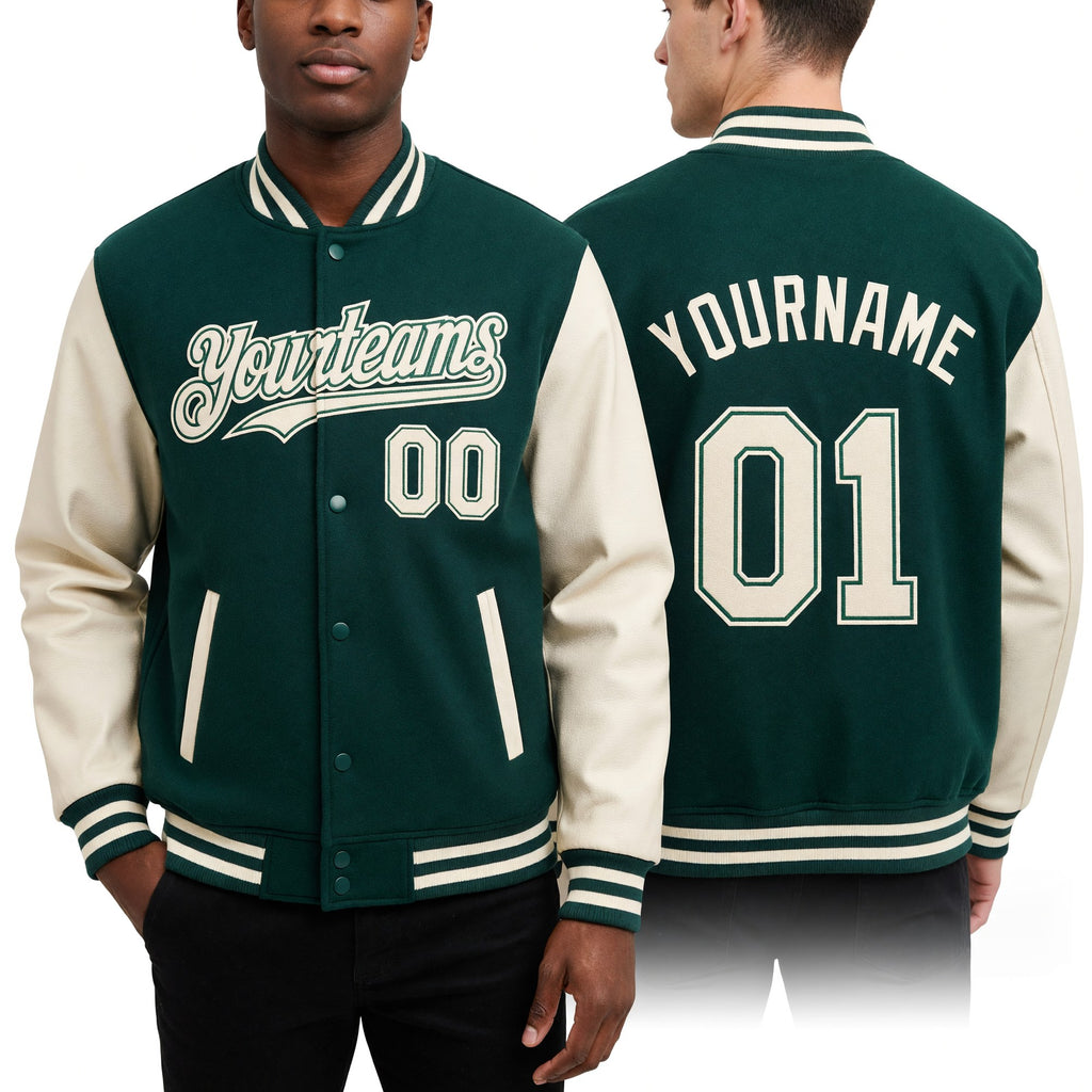 Custom Green Cream Bomber Full-Snap Varsity Letterman Two Tone Hoodie Jacket worn front and back