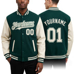Custom Green Cream Bomber Full-Snap Varsity Letterman Two Tone Hoodie Jacket worn front and back
