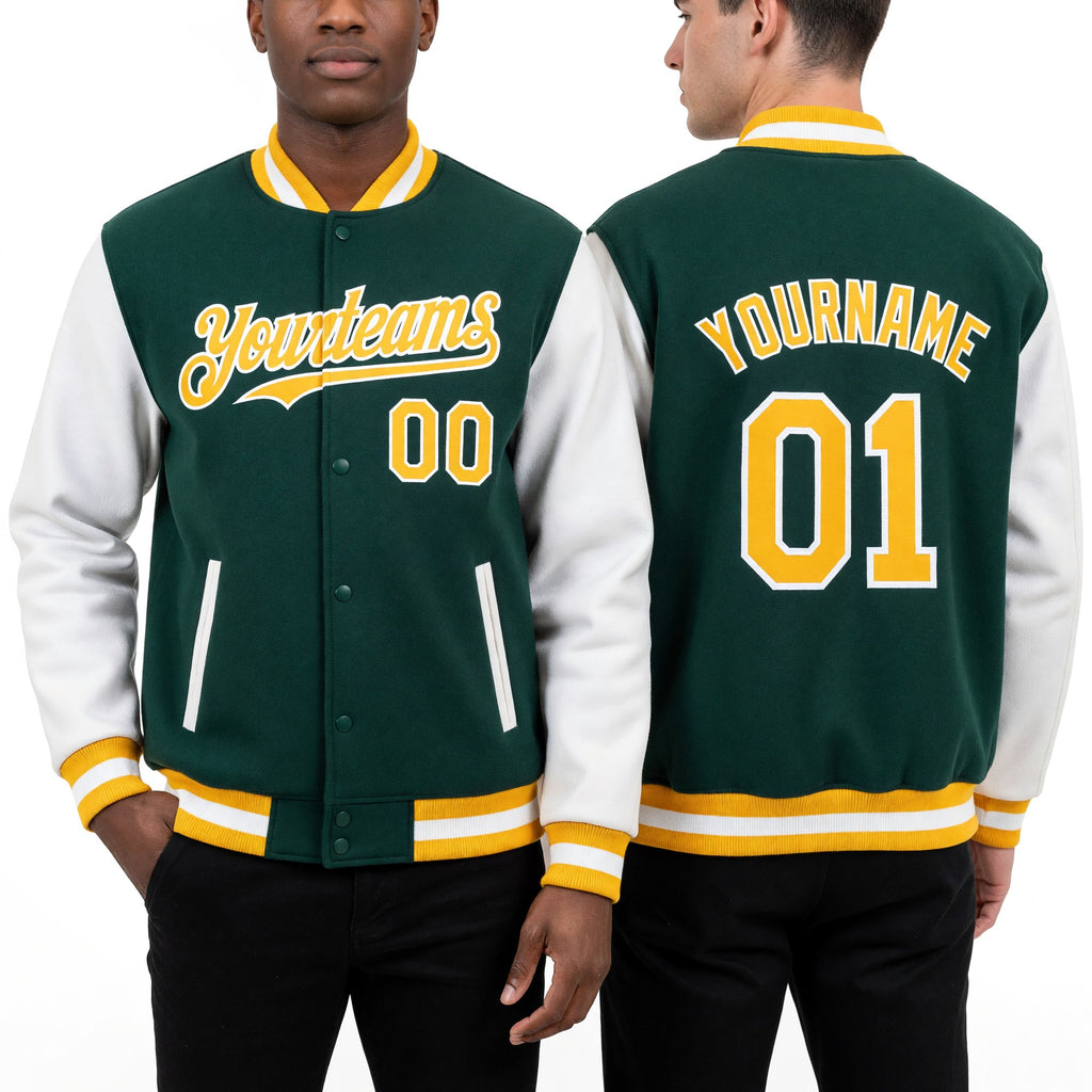 Custom Green Gold-White Bomber Full-Snap Varsity Letterman Two Tone Hoodie Jacket worn front and back