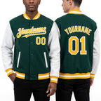 Custom Green Gold-White Bomber Full-Snap Varsity Letterman Two Tone Hoodie Jacket worn front and back