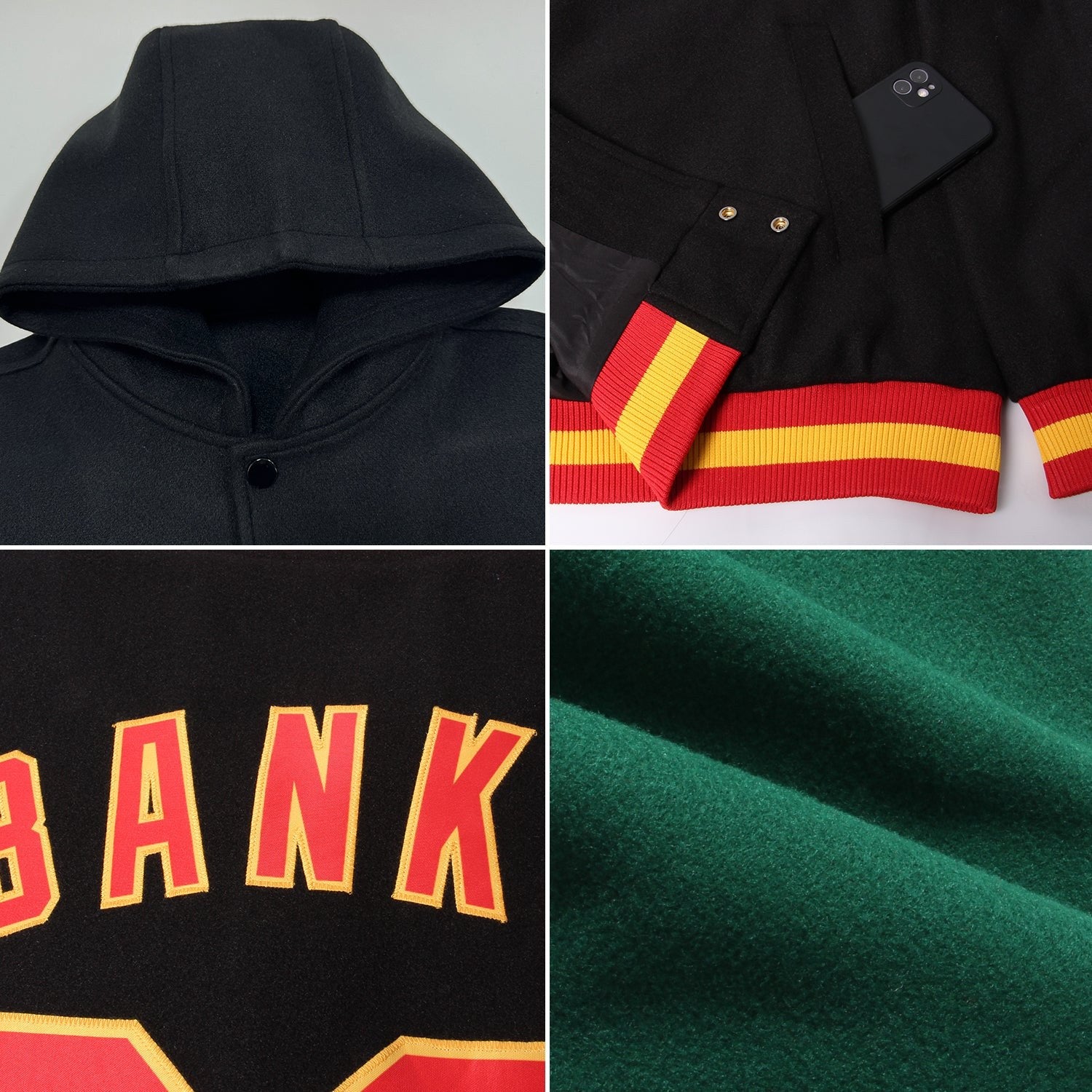 Custom Green Gold-White Bomber Full-Snap Varsity Letterman Two Tone Hoodie Jacket photo 2