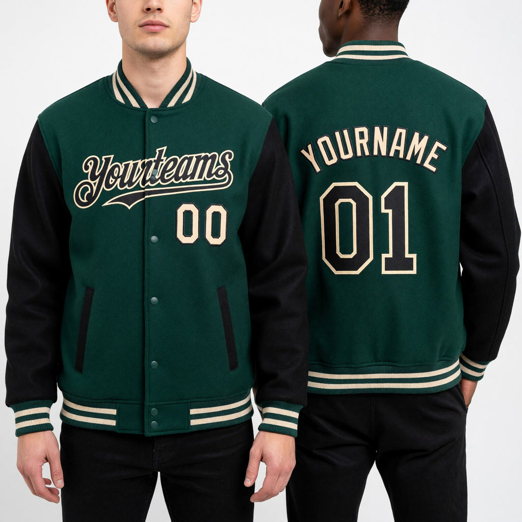 Custom Green Black-Cream Bomber Full-Snap Varsity Letterman Two Tone Hoodie Jacket worn front and back