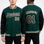 Custom Green Black-Cream Bomber Full-Snap Varsity Letterman Two Tone Hoodie Jacket worn front and back
