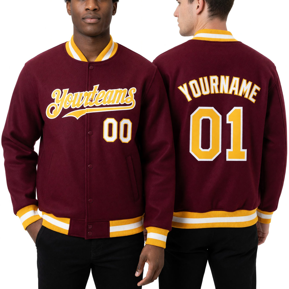 Custom Crimson Gold-White Bomber Full-Snap Varsity Letterman Hoodie Jacket worn front and back