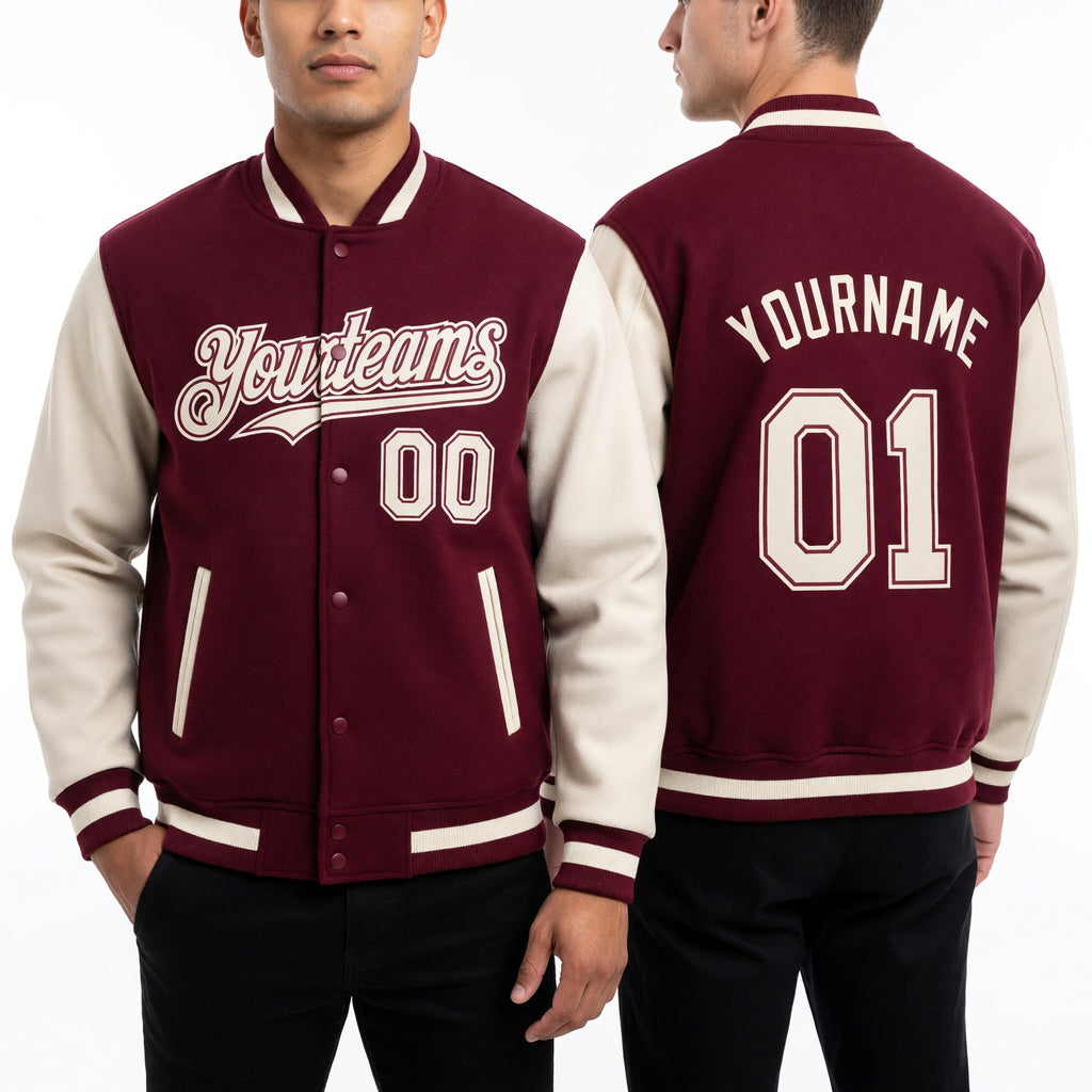 Custom Crimson Cream Bomber Full-Snap Varsity Letterman Two Tone Hoodie Jacket worn front and back