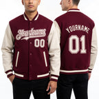 Custom Crimson Cream Bomber Full-Snap Varsity Letterman Two Tone Hoodie Jacket worn front and back