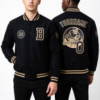 Custom Black Cream Bomber Varsity Letterman Zipper Jacket worn front and back