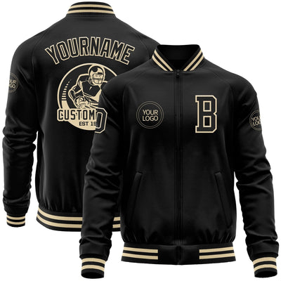Custom Black Zipper Bomber Varsity Jacket with Cream Accents Design 3804