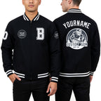 Custom Black White Bomber Varsity Letterman Zipper Jacket worn front and back