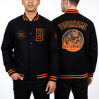 Custom Black Orange Bomber Varsity Letterman Zipper Jacket worn front and back