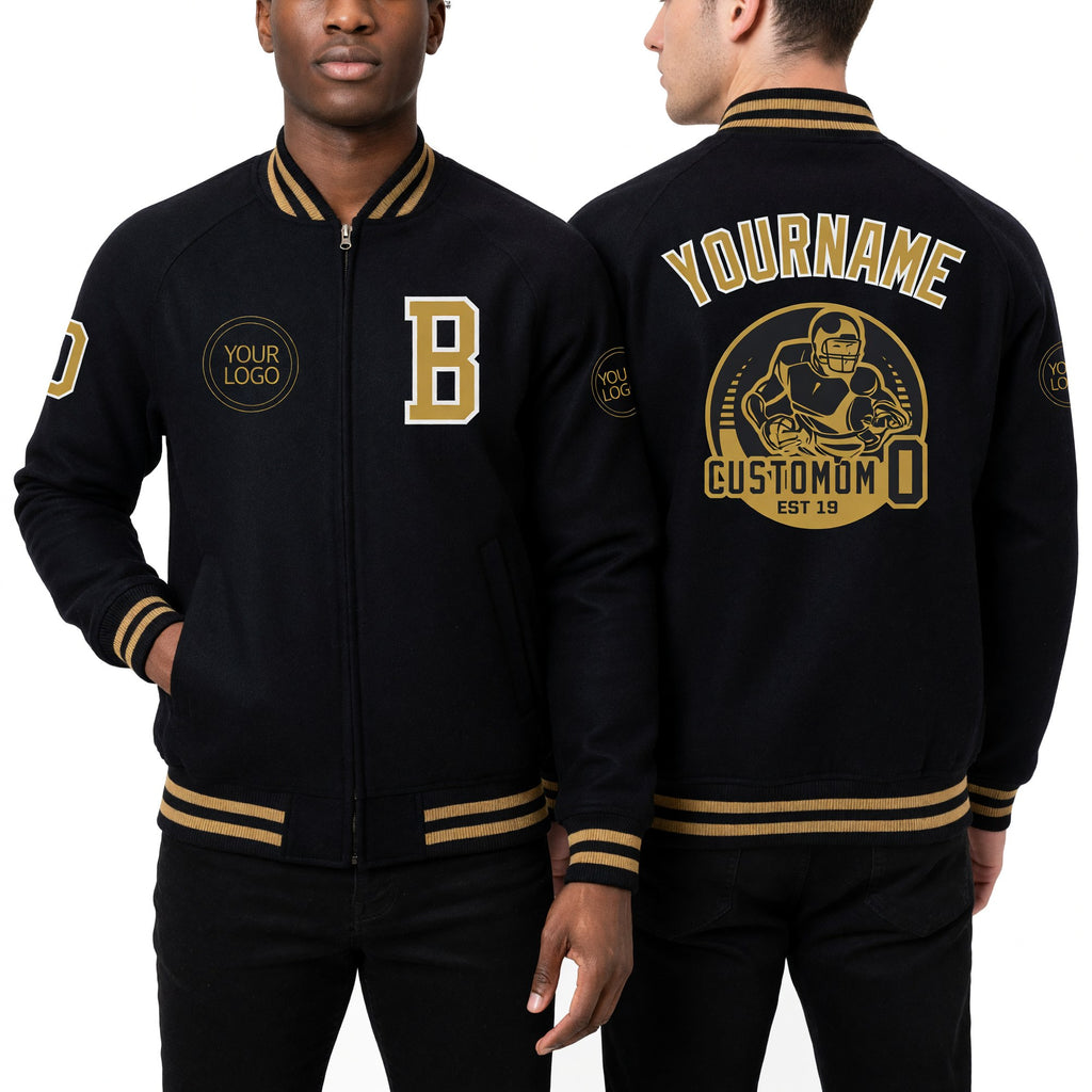 Custom Black Old Gold-White Bomber Varsity Letterman Zipper Jacket worn front and back