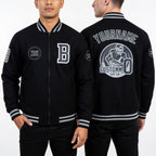 Custom Black Gray Bomber Varsity Letterman Zipper Jacket worn front and back