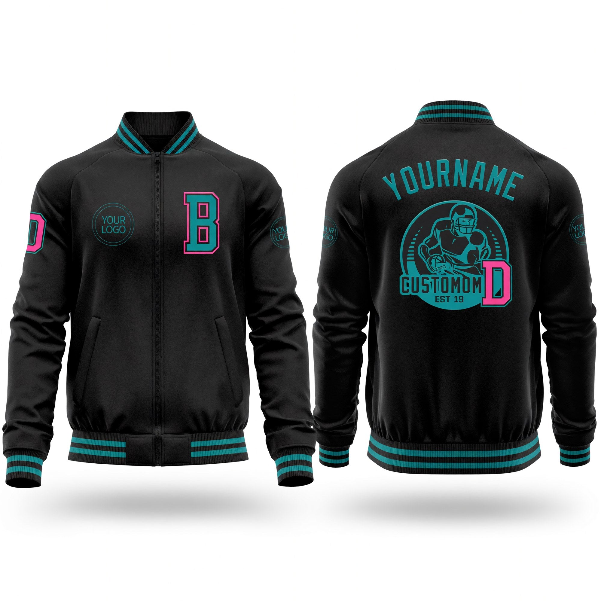 Custom Black Teal-Pink Bomber Varsity Letterman Zipper Jacket