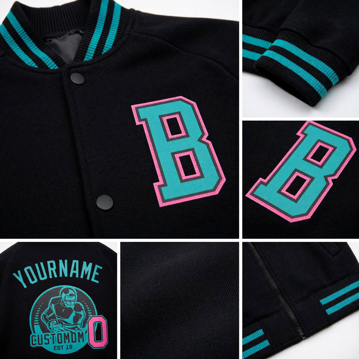 Custom Black Teal-Pink Bomber Varsity Letterman Zipper Jacket detail