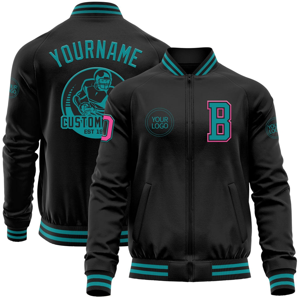 Custom Black Teal-Pink Bomber Varsity Letterman Zipper Jacket photo 1