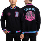 Custom Black Sky Blue-Pink Bomber Varsity Letterman Zipper Jacket worn front and back