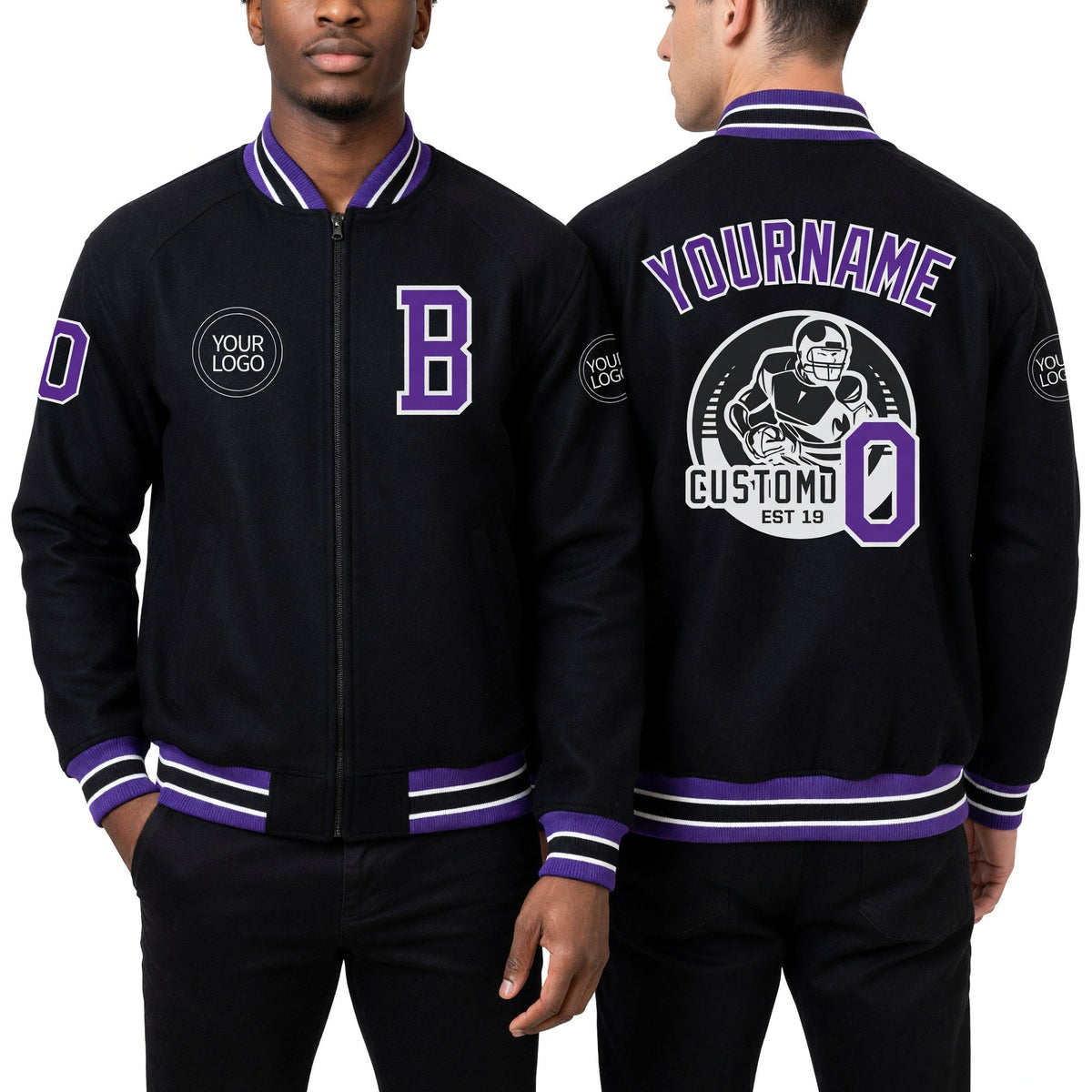 Custom Black Purple-White Bomber Varsity Letterman Zipper Jacket worn front and back