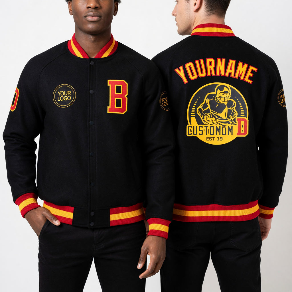 Custom Black Red-Gold Bomber Varsity Letterman Zipper Jacket worn front and back