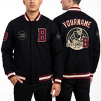Custom Black Maroon-Cream Bomber Varsity Letterman Zipper Jacket worn front and back