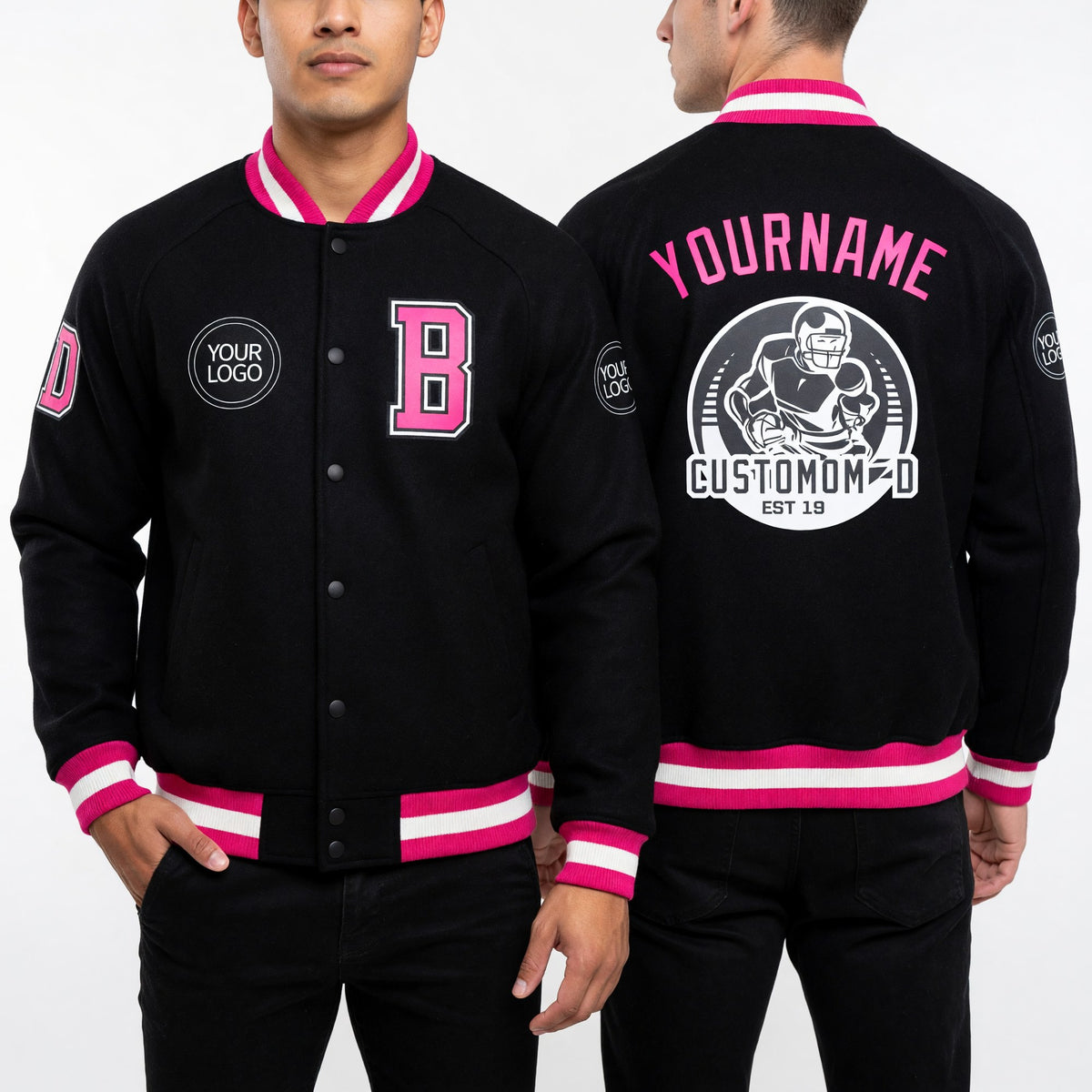 Custom Black Pink-White Bomber Varsity Letterman Zipper Jacket worn front and back