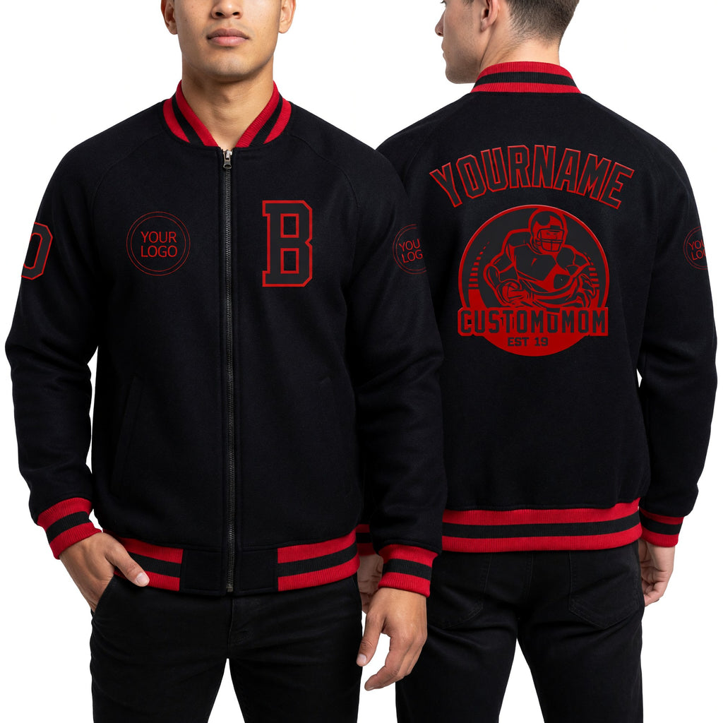 Custom Black Red Bomber Varsity Letterman Zipper Jacket worn front and back