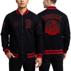 Custom Black Red Bomber Varsity Letterman Zipper Jacket worn front and back