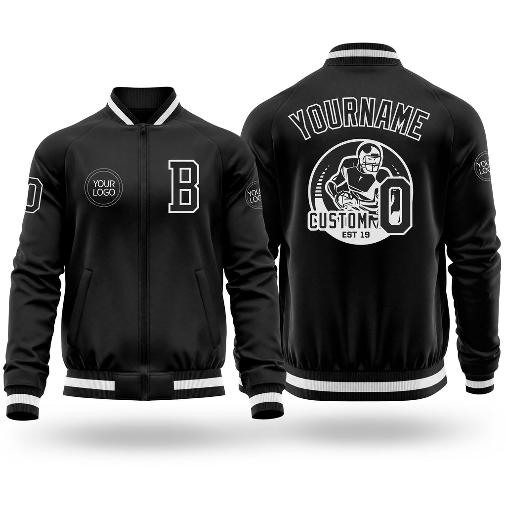 Custom Black White Bomber Varsity Letterman Zipper Jacket