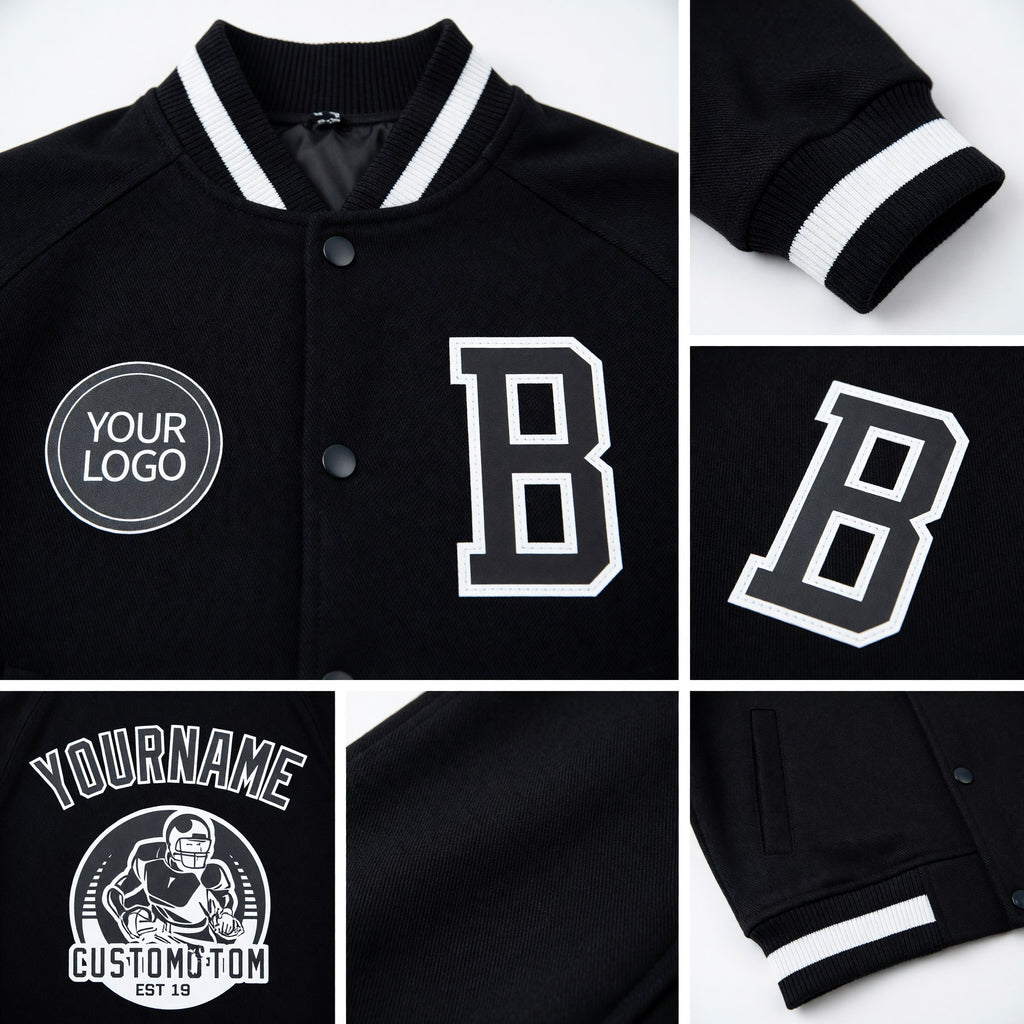 Custom Black White Bomber Varsity Letterman Zipper Jacket detail
